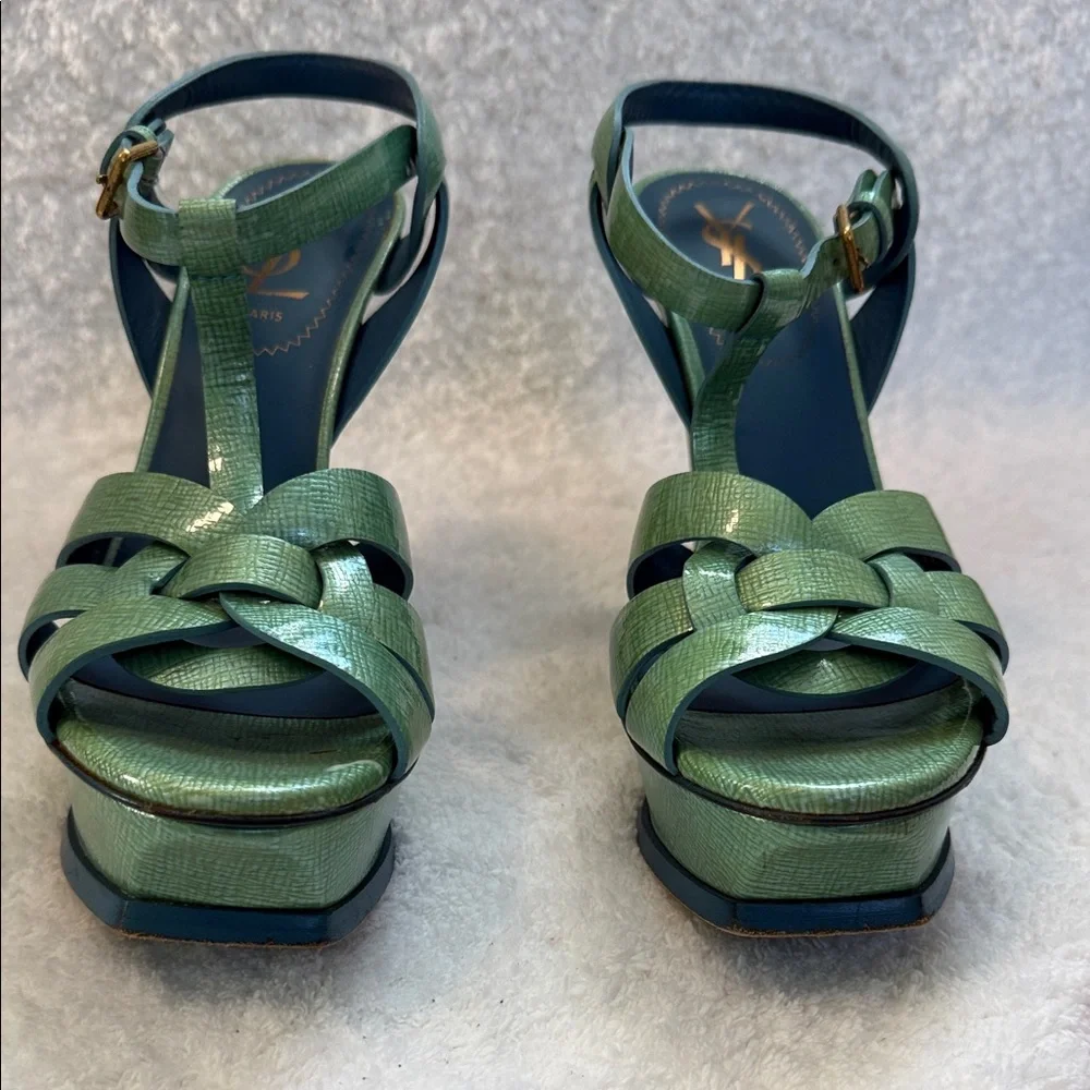 YSL Yves Saint Laurent Tribute Green Lizard Embossed Platform Heels Sandals 36.5